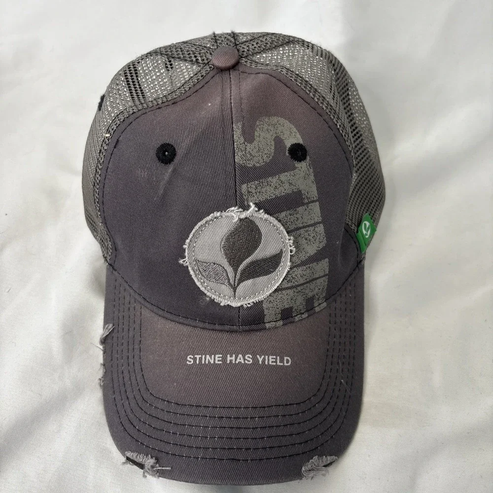 Stine‎ Has Yield Logo Trucker Hat Cap Gray Mesh Hook & Loop Distressed OS